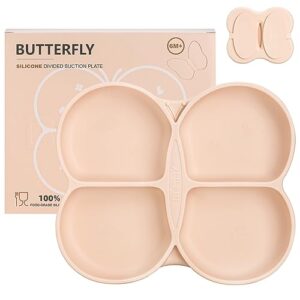 dommy butterfly silicone toddler plates with suction, divided design suction plates for toddlers babies, food grade soft safe bpa-free silicone, dishwasher microwave safe, 6m+, peach dust