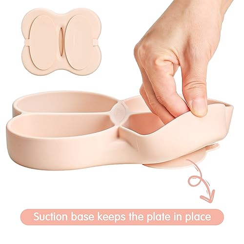 Dommy Butterfly Silicone Toddler Plates with Suction, Divided Design Suction Plates for Toddlers Babies, Food Grade Soft Safe BPA-Free Silicone, Dishwasher Microwave Safe, 6M+, Peach Dust