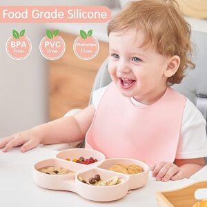 Dommy Butterfly Silicone Toddler Plates with Suction, Divided Design Suction Plates for Toddlers Babies, Food Grade Soft Safe BPA-Free Silicone, Dishwasher Microwave Safe, 6M+, Peach Dust