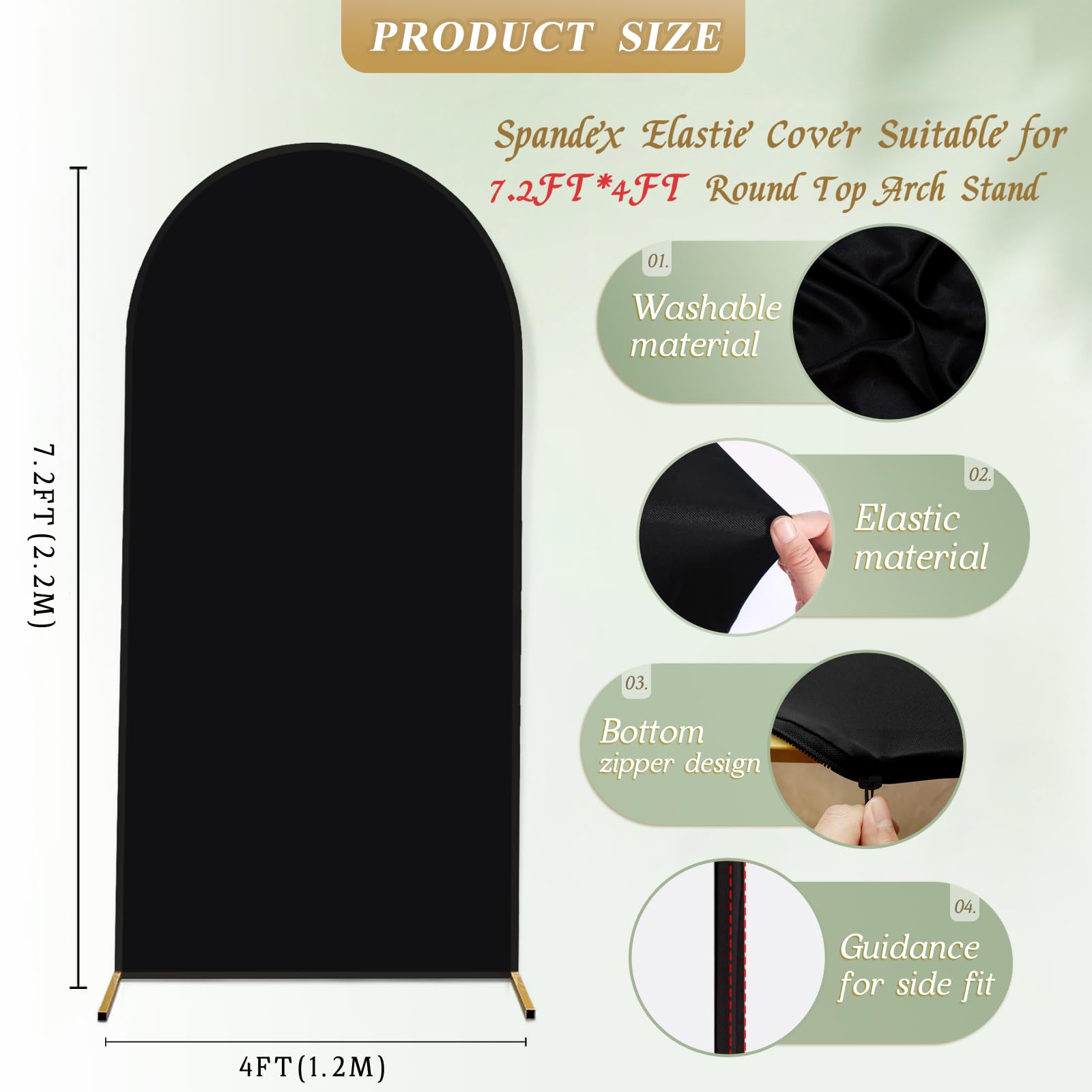 Spandex Fitted Arch Backdrop Cover Chiara Arch Cover Backdrop Fabric,2-Sided Wedding Arch Cover for Wedding Ceremony Birthday Party Baby Shower Banquet Decoration(Black, 4 x 7.2 ft)