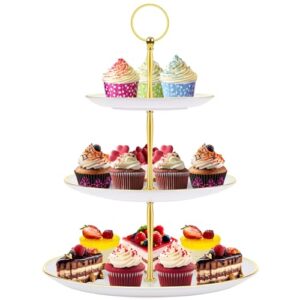 pincute cupcake stand holder - 3 tier cup cake dessert tower, plastic tiered serving tray&metal rod for birthday party, baby shower and more (white)