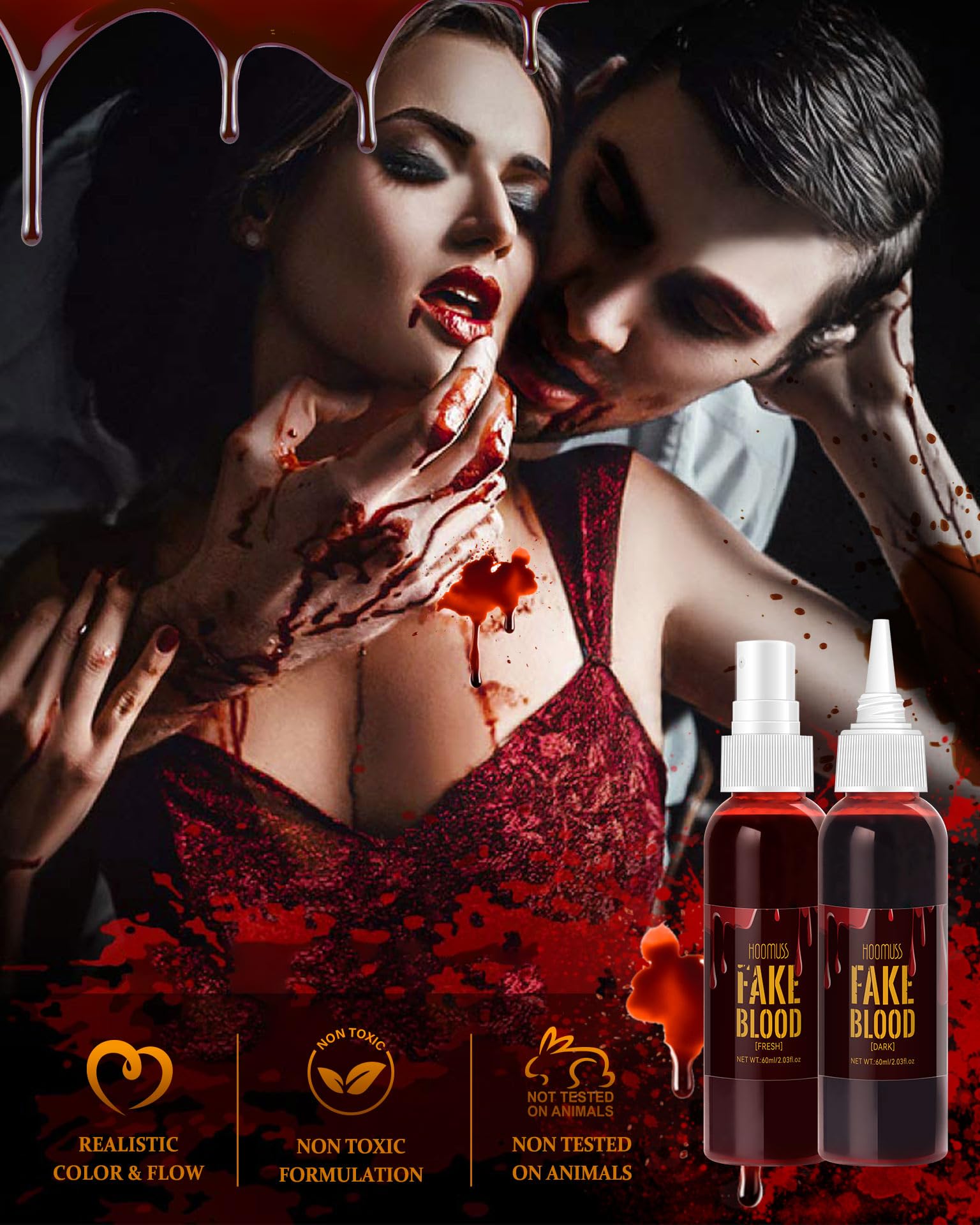 Halloween Fake Blood Makeup, Fake Blood Spray 2.03oz + Dripping Blood 2.03oz, Washable Realistic Fake Blood for Clothes, Sfx Special Effects Makeup Kit for Vampire Monster Zombie Cosplay (Red)