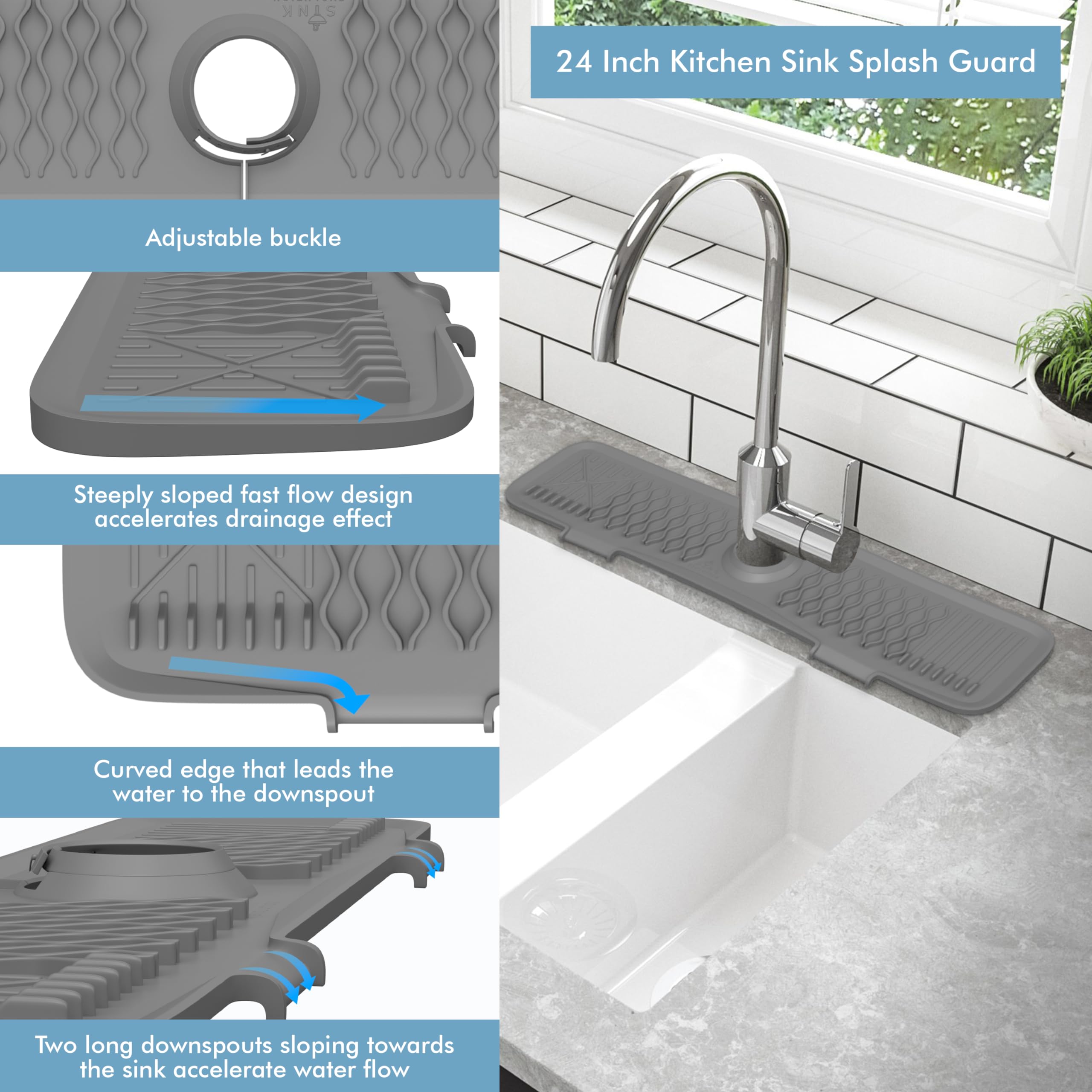 SINK EVOLUTION Kitchen Sink Splash Guard behind Faucet with Buckle Adjustment - 24 inch Faucet Mat, Self Draining with Slope and 2 long-spout drains, Sink Accessories for Kitchen Counter and Bathroom