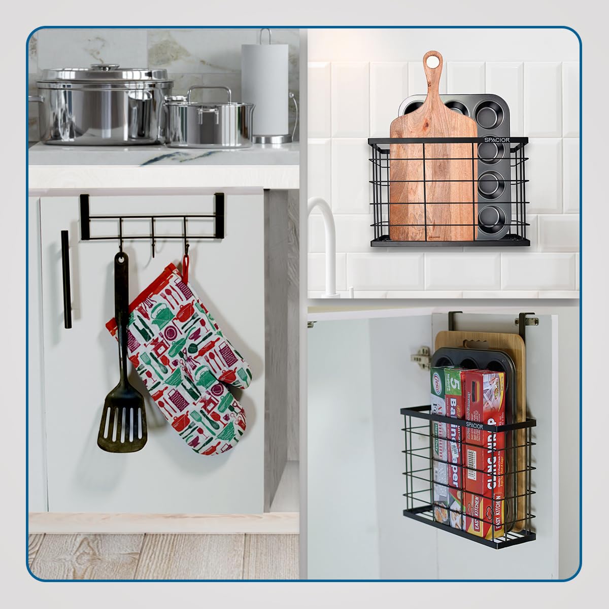 SPACIOR 2 Pack Over the Cabinet Door Organizer Holder with Multipurpose Hooks. Kitchen Cabinet Door Organizer and Storage for Baking Sheets, Foil Wraps&Cleaning Supplies - Hanging Cutting Board Holder