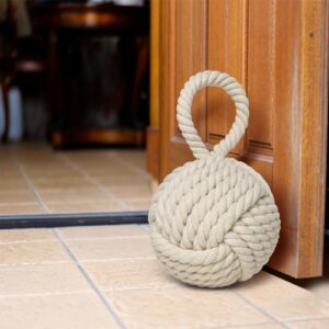 XCRUI Decorative Rope Door Stop with Handle, Weighted Door Stopper, Knot Nautical, Heavy Doorstop for Garage, Office,Door, Bedroom, Living Room Door, Home,and Window Wedge,Ivory-Colored,6.25 in