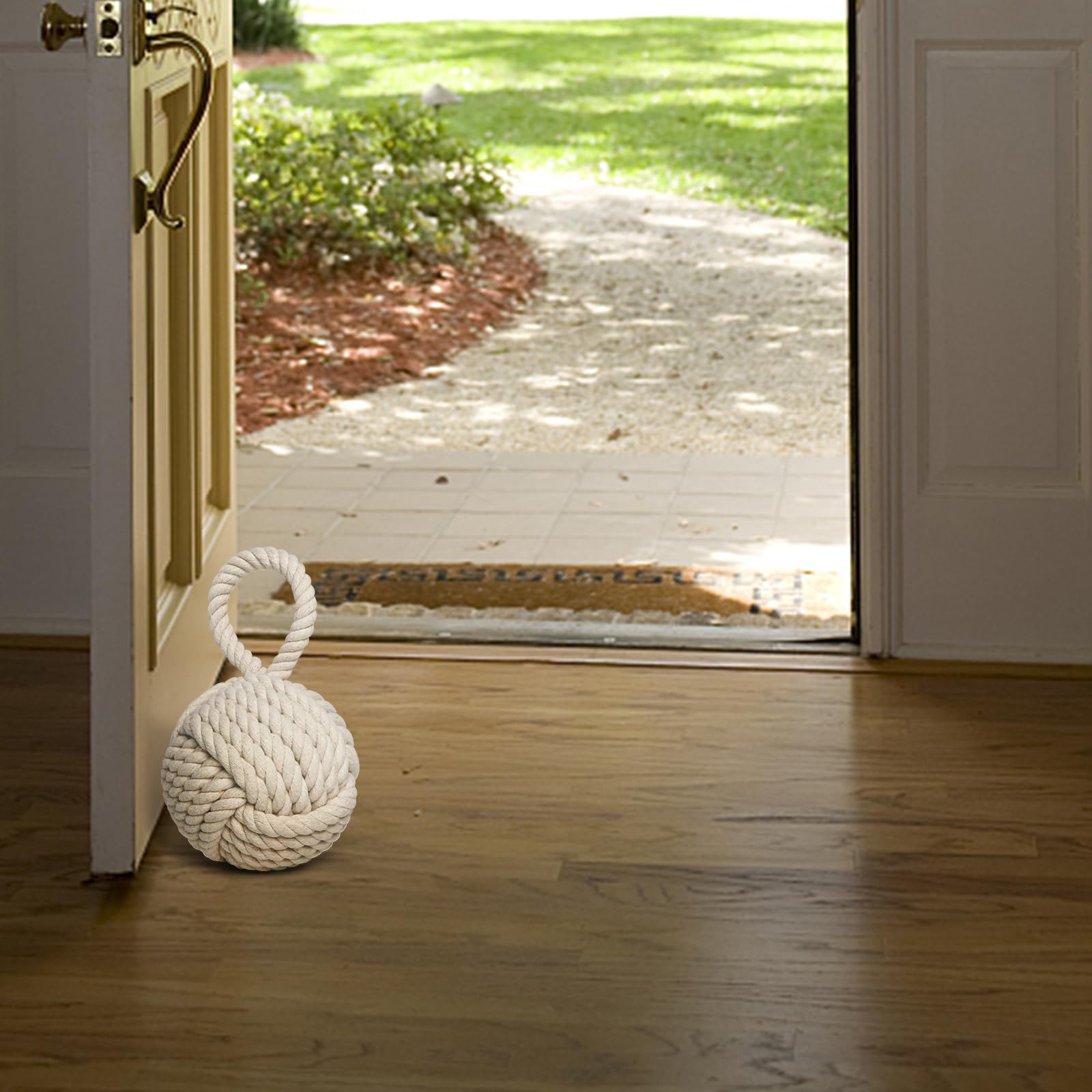 XCRUI Decorative Rope Door Stop with Handle, Weighted Door Stopper, Knot Nautical, Heavy Doorstop for Garage, Office,Door, Bedroom, Living Room Door, Home,and Window Wedge,Ivory-Colored,6.25 in