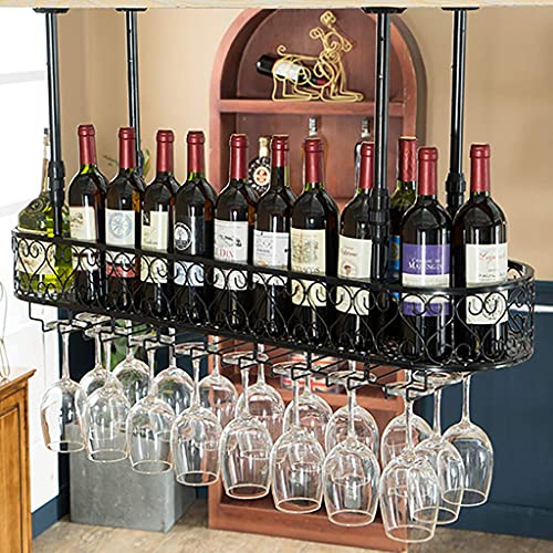 LAJUU Wine Racks,Wine Glass Holder with Guardrail,Hanging Wine Glass Rack Stemware Holder Wrought Iron,Wine Bottle Holder for Shelf Adjustable Height for Bars Restaurants Kitchens/Black/120 * 25Cm