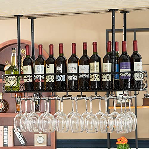 LAJUU Wine Racks,Wine Glass Holder with Guardrail,Hanging Wine Glass Rack Stemware Holder Wrought Iron,Wine Bottle Holder for Shelf Adjustable Height for Bars Restaurants Kitchens/Black/120 * 25Cm