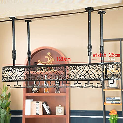 LAJUU Wine Racks,Wine Glass Holder with Guardrail,Hanging Wine Glass Rack Stemware Holder Wrought Iron,Wine Bottle Holder for Shelf Adjustable Height for Bars Restaurants Kitchens/Black/120 * 25Cm