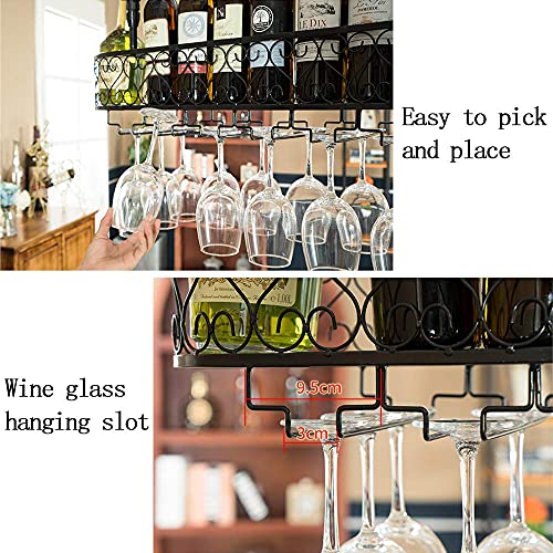 LAJUU Wine Racks,Wine Glass Holder with Guardrail,Hanging Wine Glass Rack Stemware Holder Wrought Iron,Wine Bottle Holder for Shelf Adjustable Height for Bars Restaurants Kitchens/Black/120 * 25Cm