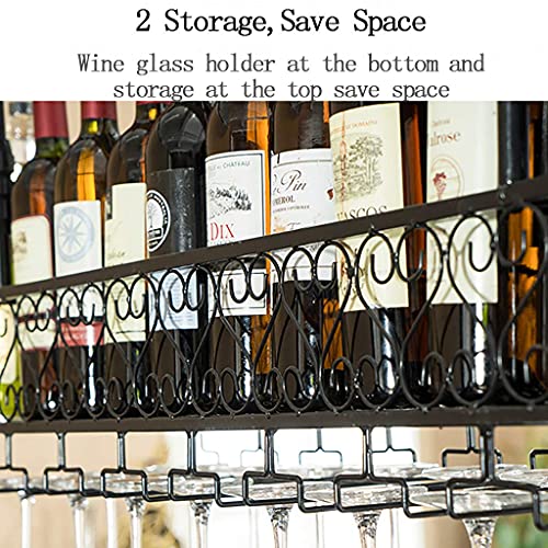 LAJUU Wine Racks,Wine Glass Holder with Guardrail,Hanging Wine Glass Rack Stemware Holder Wrought Iron,Wine Bottle Holder for Shelf Adjustable Height for Bars Restaurants Kitchens/Black/120 * 25Cm