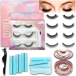 Self Adhesive Eyelashes, 4 Pairs False Eyelashes Natural Look,Reusable Adhesive Eyelashes,Self Adhesive Eyelashes Reusable Self Sticking,Waterproof No Glue Eyelashes, False Lashes for Women Gift