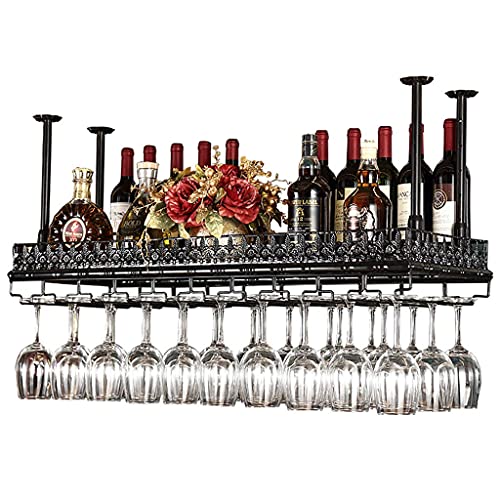 LAJUU Wine Racks,European Pattern,Hanging Wine Glass Rack,Vintage Wine Shelf Wine Bottle Holder,Rustic Wine Holder Stemware Holder Adjustable Height for Living Room Restaurants Bars/Black/100 * 35Cm