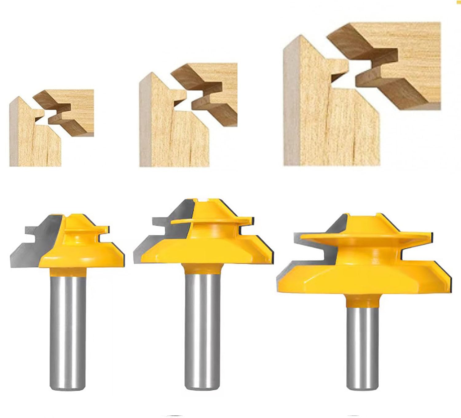 TOTOWOOD 45 Degree Lock Miter Router Bit 3-Piece Set, for 31/64", 3/4"，1"，Cutting Height, 1/2 Inch Shank.Woodworking Tools Joint Router Bits 3PCS 1/2 Shank)