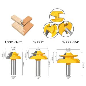 TOTOWOOD 45 Degree Lock Miter Router Bit 3-Piece Set, for 31/64", 3/4"，1"，Cutting Height, 1/2 Inch Shank.Woodworking Tools Joint Router Bits 3PCS 1/2 Shank)