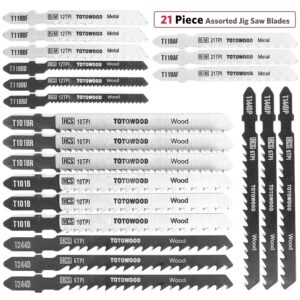 totowood 21pcs jig saw blades,multi-purpose t-shank jig saw blades,assorted jig saw kit value pack for wood, plastic and metal cutting with carry case