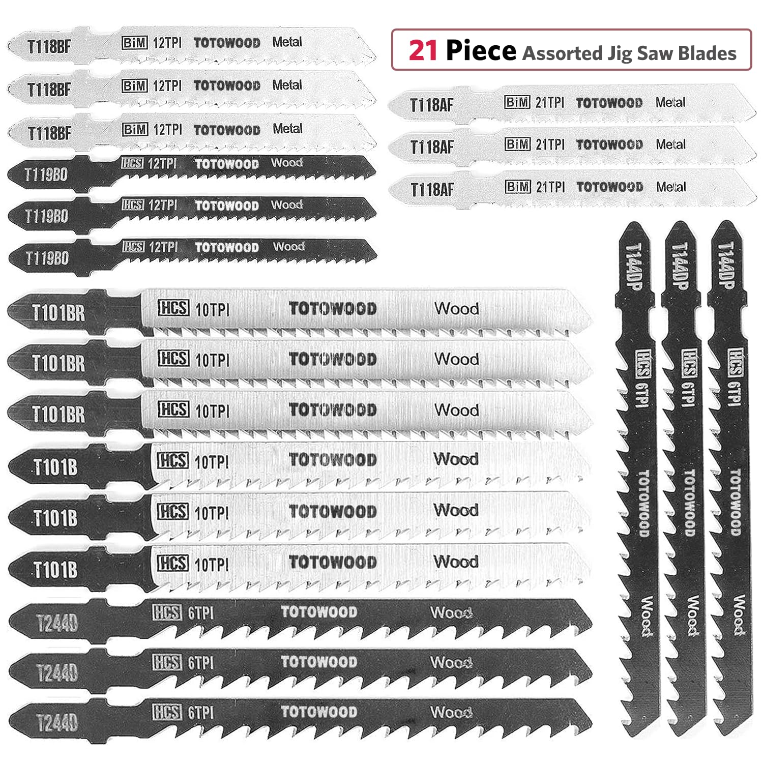 TOTOWOOD 21pcs Jig Saw Blades,Multi-Purpose T-Shank Jig Saw Blades,Assorted Jig Saw Kit Value Pack for Wood, Plastic and Metal Cutting with Carry Case