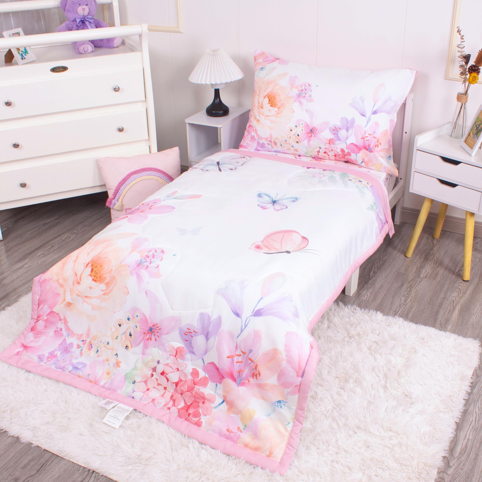 La Premura Blush Floral Butterfly Toddler Bedding Set, Girl Toddler Bed Set, Toddler Bed Sheets, Toddler Bedding Sets for Girls, Toddler Bed Girl, Toddler Comforter Set