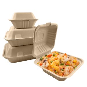 muruoco, 200-pack 100% compostable clamshell take out food containers- heavy-duty quality to go boxes, microwave-safe, made of sugar cane fibers- 9x9 3-compartment