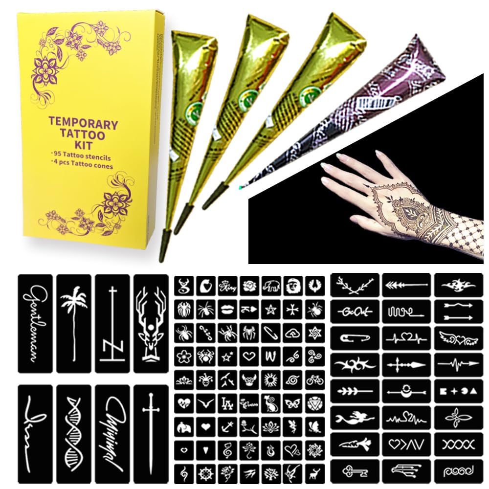 BKDRL 95 Pcs 3 Pages Tattoo Stencils,4 Pcs 3 Color Temporary Tattoo Kit, Black Brown Maroon