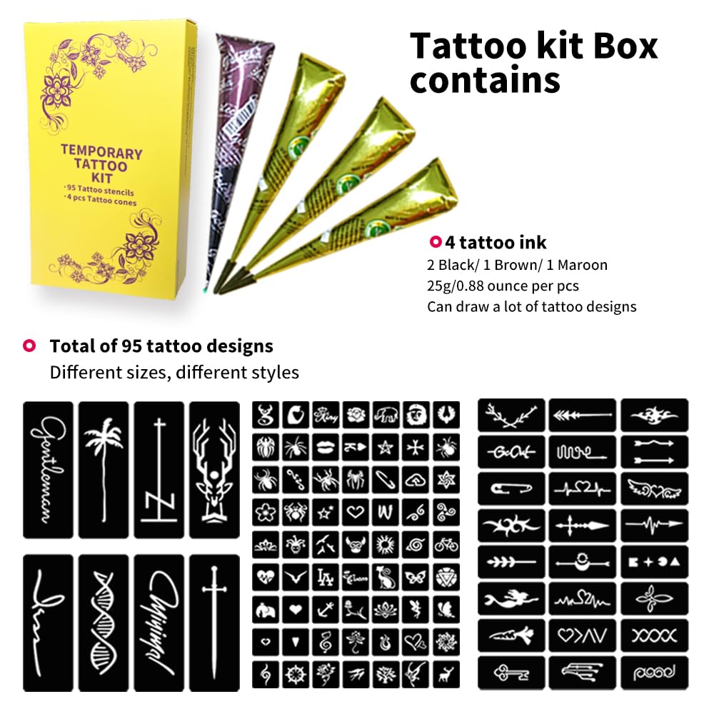 BKDRL 95 Pcs 3 Pages Tattoo Stencils,4 Pcs 3 Color Temporary Tattoo Kit, Black Brown Maroon