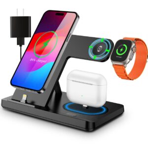 charging station for iphone multiple devices, foldable 3 in 1 fast charging stand dock for airpods & iphone 14 13 12 11 pro x max xs xr 8 7 plus 6, apple watch charger for apple watch with adapter