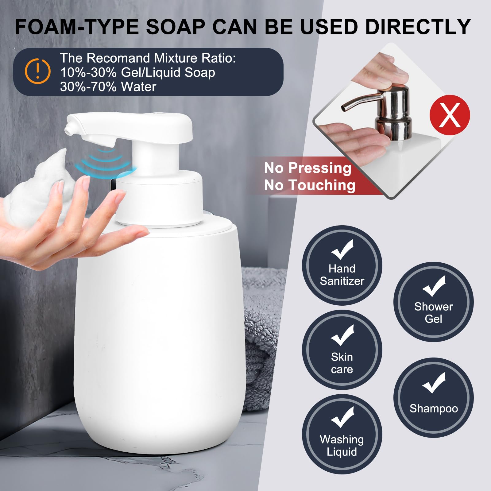 Automatic Soap Dispenser Foaming Hand Free Soap Dispenser Foam Rechargeable Soap Dispenser Touchless Soap Dispenser Smart Electric Auto Dish Soap Dispenser for Bathroom, Kitchen, Commercia White