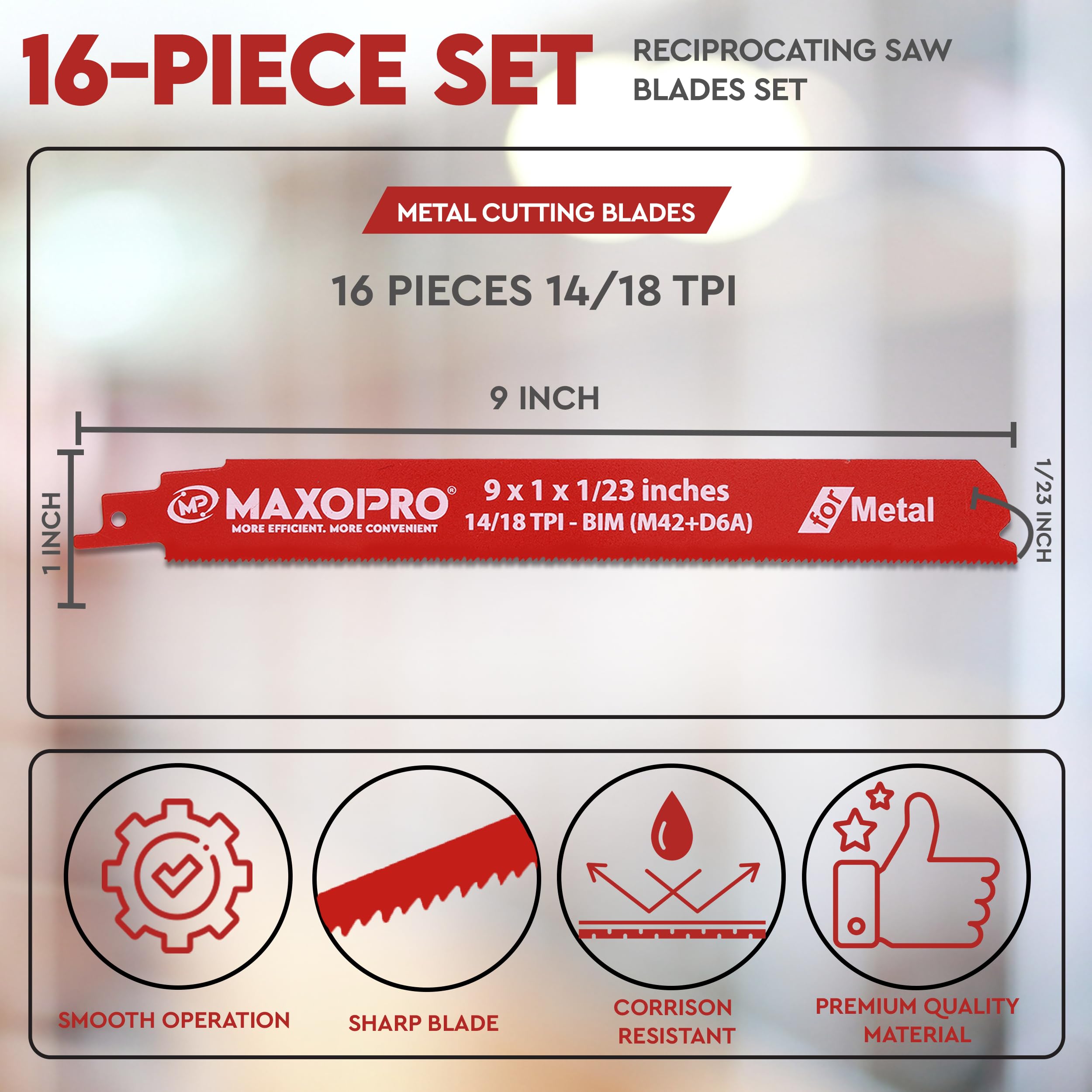 16 Pack 9 Inch 14/18 TPI Metal Reciprocating Saw Blades Set – Bi-Metal (M24-D6A) Auto Dismantling Sawzall Blades Metal for 3/32 to 5/16 Medium Metals