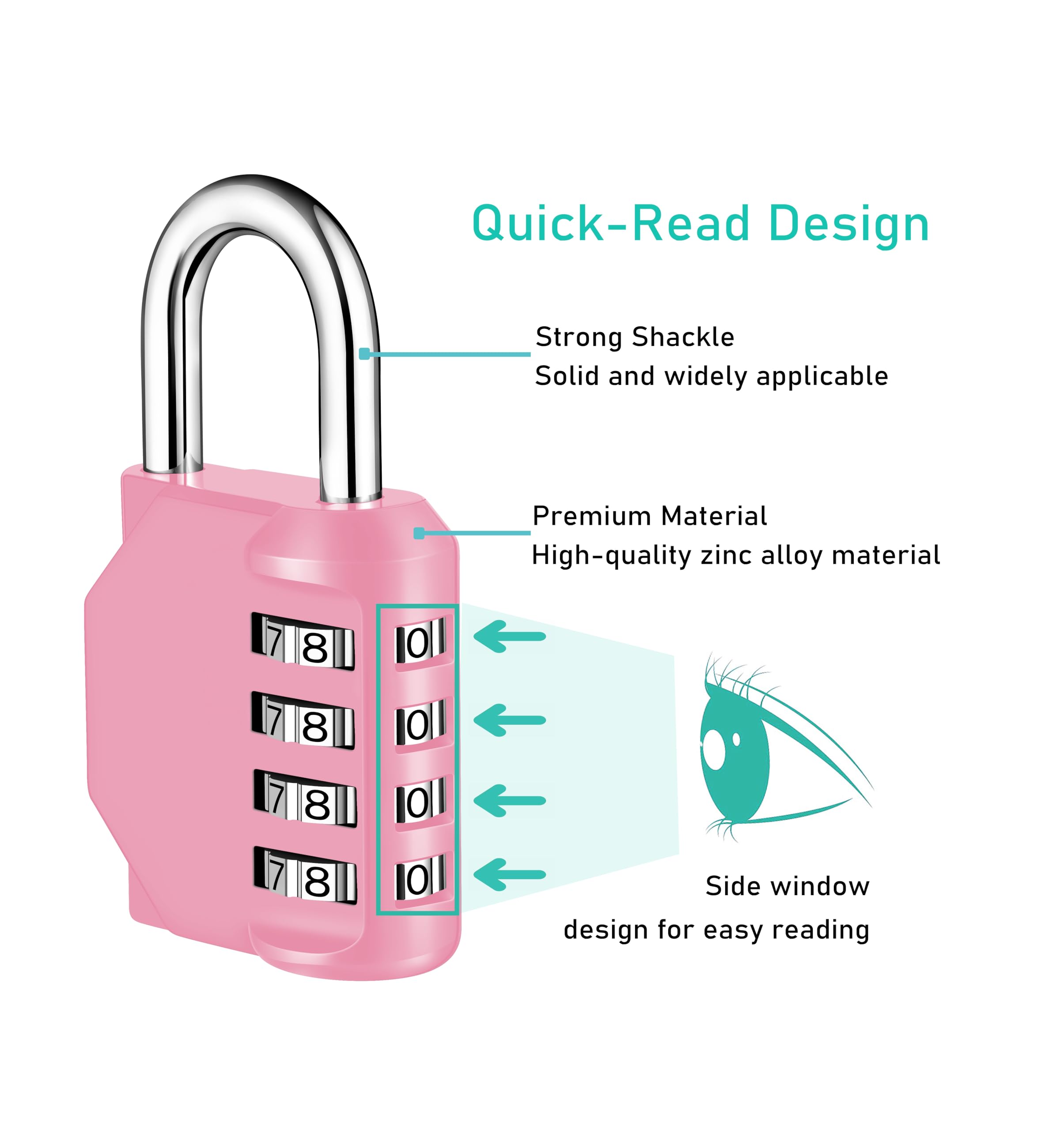 NAGE 4-Digit Combination Lock for Locker, Lock for Gym Locker, Fence, Gate, Case, Combination Padlock Easy to Use and Set, Number Lock Sturdy & Durable (Pink)