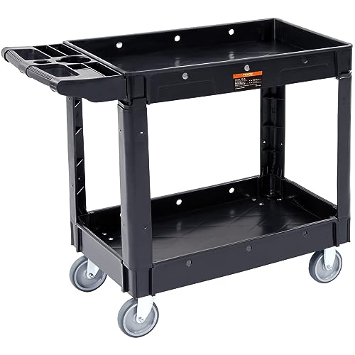 VEVOR Utility Service Cart, 2 Shelf 550LBS Heavy Duty Plastic Rolling Utility Cart with 360° Swivel Wheels, Medium Lipped Shelf, Ergonomic Storage Handle for Warehouse Garage Cleaning Office