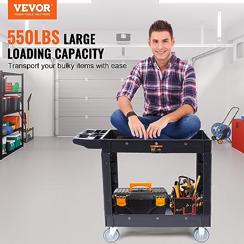 VEVOR Utility Service Cart, 2 Shelf 550LBS Heavy Duty Plastic Rolling Utility Cart with 360° Swivel Wheels, Medium Lipped Shelf, Ergonomic Storage Handle for Warehouse Garage Cleaning Office