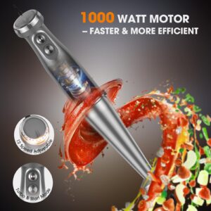 Immersion Blender Handheld, FUNAVO 1000W Anti-scratch 4-in-1 Hand Blender, Upgraded 12 Speed 304 Stainless Steel Blade Stick Blender with Turbo Mode, 20oz Beaker, 17oz Chopping Bowl, Whisk, BPA-Free