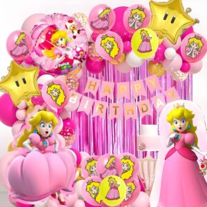 22pcs Princess Peach Birthday Party Decorations, Princess Peach Foil Balloons Latex Balloon for Mario Theme Party Decorations