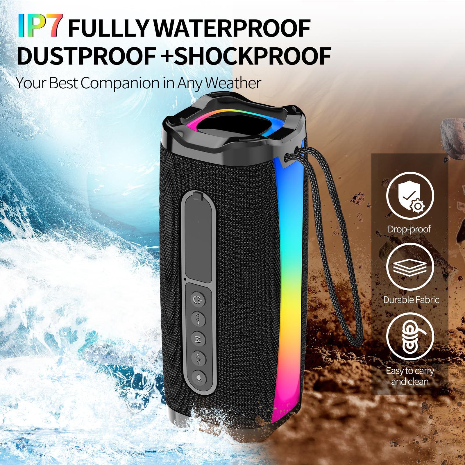 Portable Bluetooth Speaker, IP7 Waterproof Wireless Speaker with 20W Loud Stereo Sound, FM Radio, RGB Lights, Deep Bass, 100ft Bluetooth Range, BT5.1, Mic, AUX, Outdoor Speaker for Home, Travel