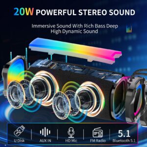 Portable Bluetooth Speaker, IP7 Waterproof Wireless Speaker with 20W Loud Stereo Sound, FM Radio, RGB Lights, Deep Bass, 100ft Bluetooth Range, BT5.1, Mic, AUX, Outdoor Speaker for Home, Travel