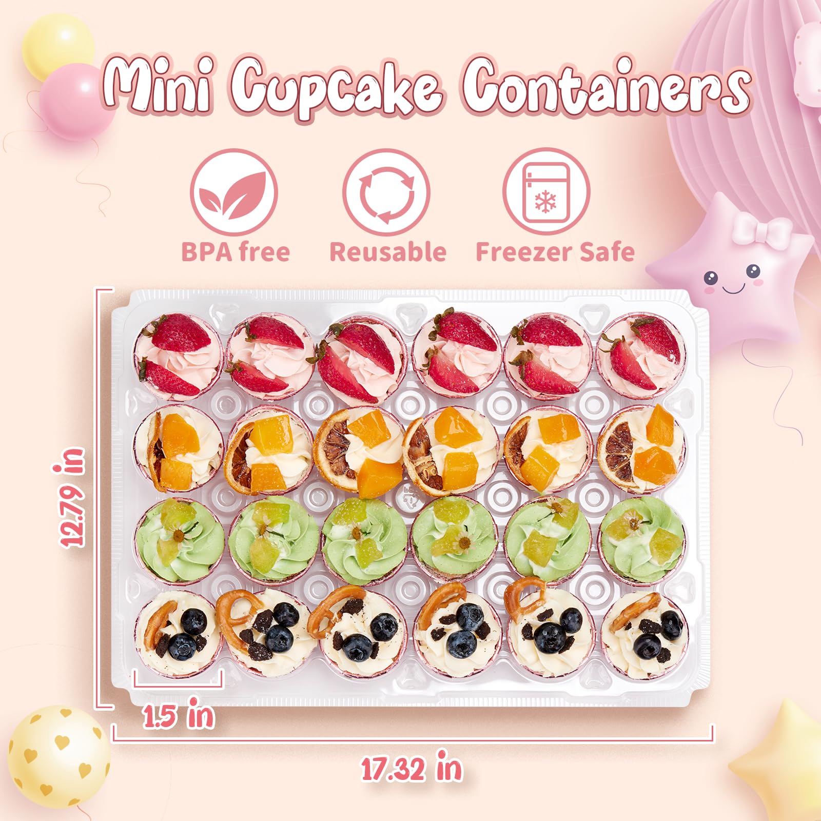 Hlukana (24 Pack x 15 Sets) Mini Cupcake Containers with 375 Pack Cupcake Liners, Plastic Cupcake Holder, Stackable Mini Cupcake Boxes Carrier, Clear Disposable Cupcake Trays, High Dome - MINI SIZE