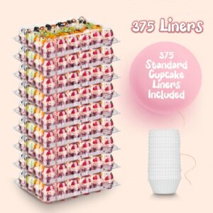 Hlukana (24 Pack x 15 Sets) Mini Cupcake Containers with 375 Pack Cupcake Liners, Plastic Cupcake Holder, Stackable Mini Cupcake Boxes Carrier, Clear Disposable Cupcake Trays, High Dome - MINI SIZE