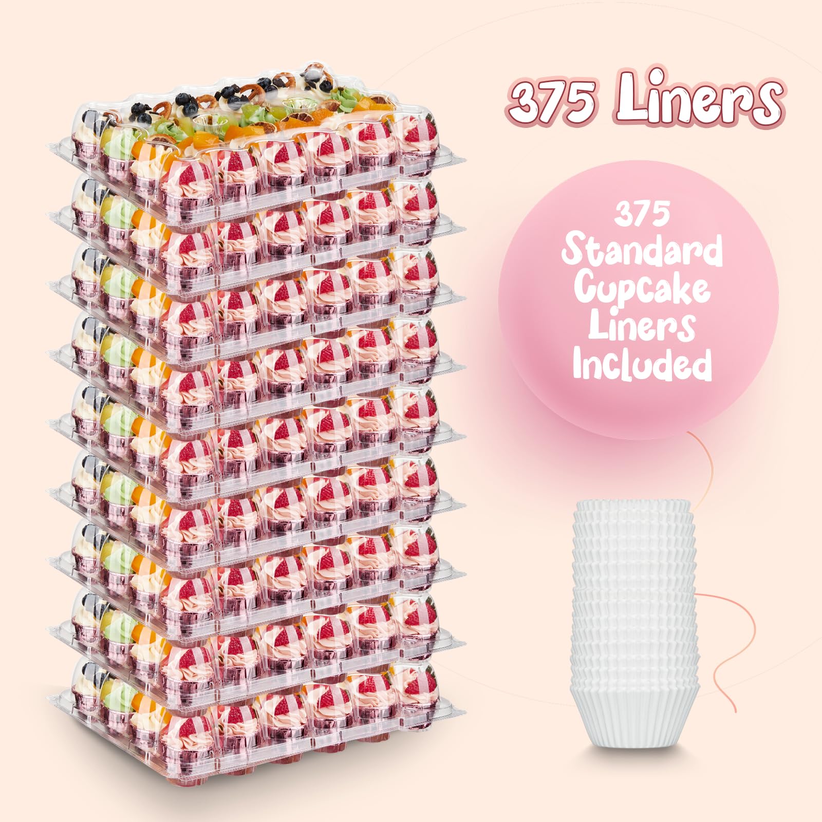 Hlukana (24 Pack x 15 Sets) Mini Cupcake Containers with 375 Pack Cupcake Liners, Plastic Cupcake Holder, Stackable Mini Cupcake Boxes Carrier, Clear Disposable Cupcake Trays, High Dome - MINI SIZE