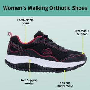 AOV Women's Walking Shoes with Arch Support Orthotic Sneakers for Plantar Fasciitis Comfortable Non Slip Tennis Shoes BlackRose 8