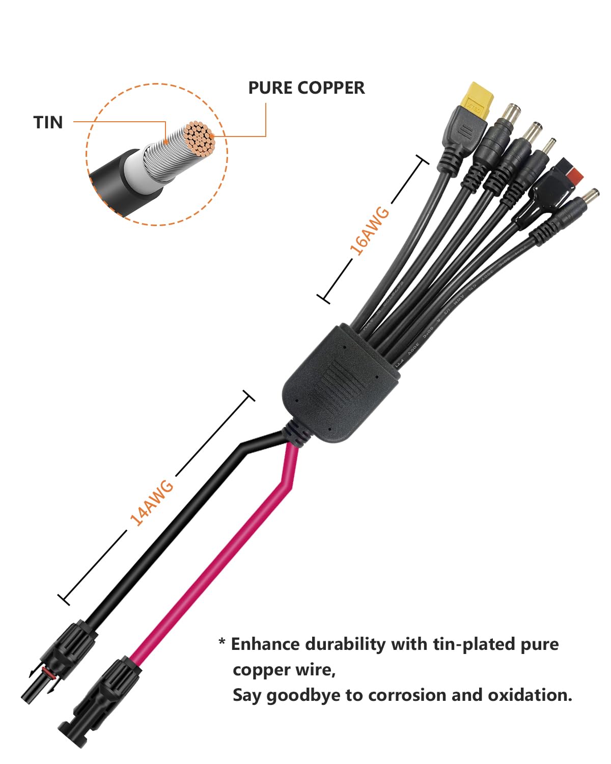 NEOQOQO 6 in 1 Solar Panel Connectors Extension Cable, 14AWG Solar Panel Female and Male Connectors to XT60 Anderson 4 Different DC Adapter Cables for Solar Panel & Power Station