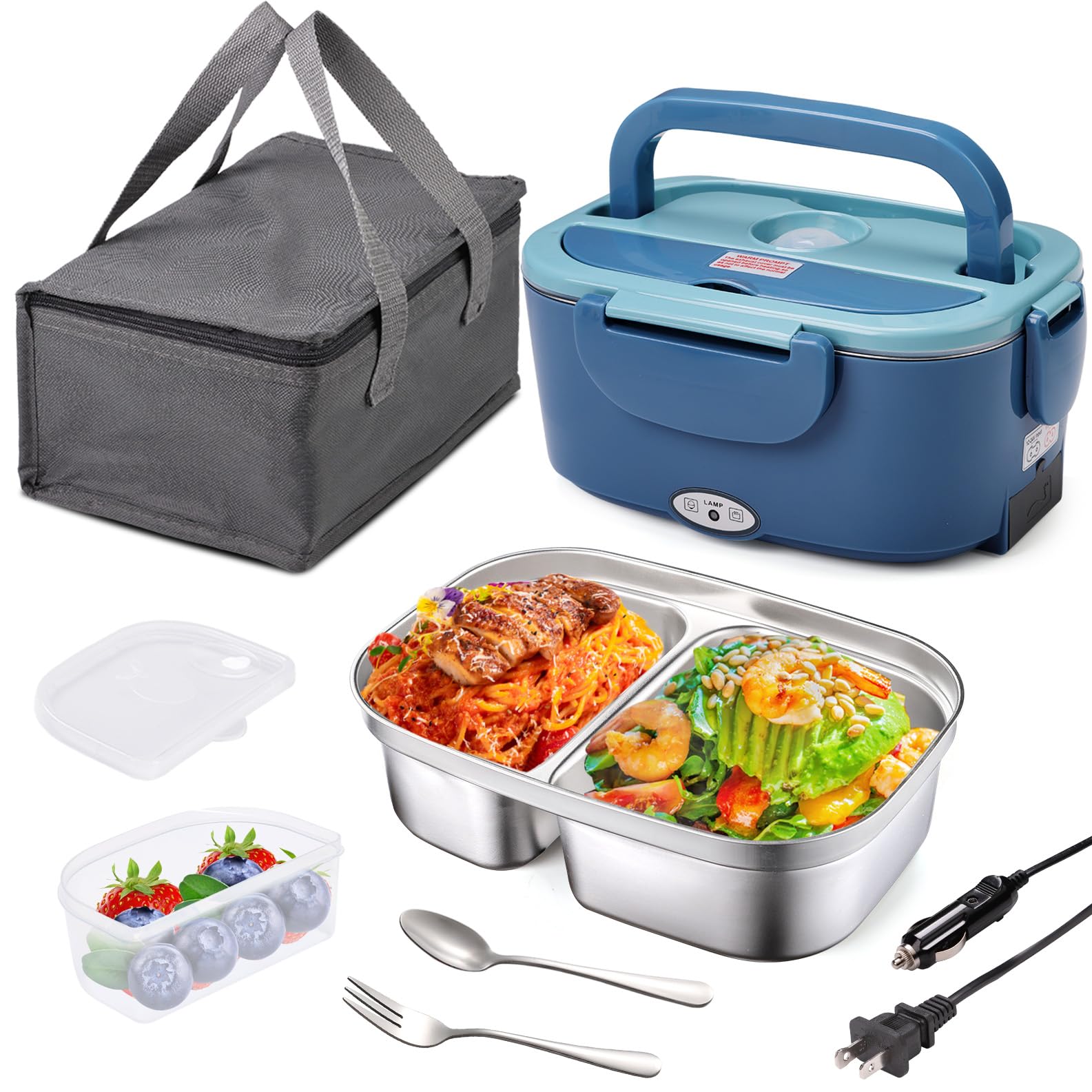 Kabbas Electric Lunch Box Food Heater with 2 Compartments, 80W Portable Heated Lunch Box for Adults, 12V 24V 110V Self Heating Lunch Box for Work Car Truck with 1.5L Removable 304 SS Container