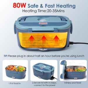 Kabbas Electric Lunch Box Food Heater with 2 Compartments, 80W Portable Heated Lunch Box for Adults, 12V 24V 110V Self Heating Lunch Box for Work Car Truck with 1.5L Removable 304 SS Container