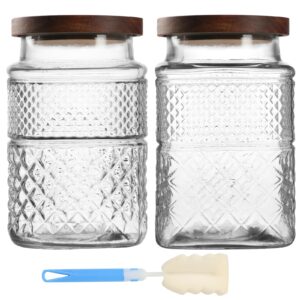 EkkoVla 60 FL OZ Large Glass Storage Jar, Set of 2 Glass Food Storage Containers with Wooden Lids, Kitchen Cereal Canisters Decorative Glass Jars with Airtight Lids for Candy Snack Nuts Coffee Tea