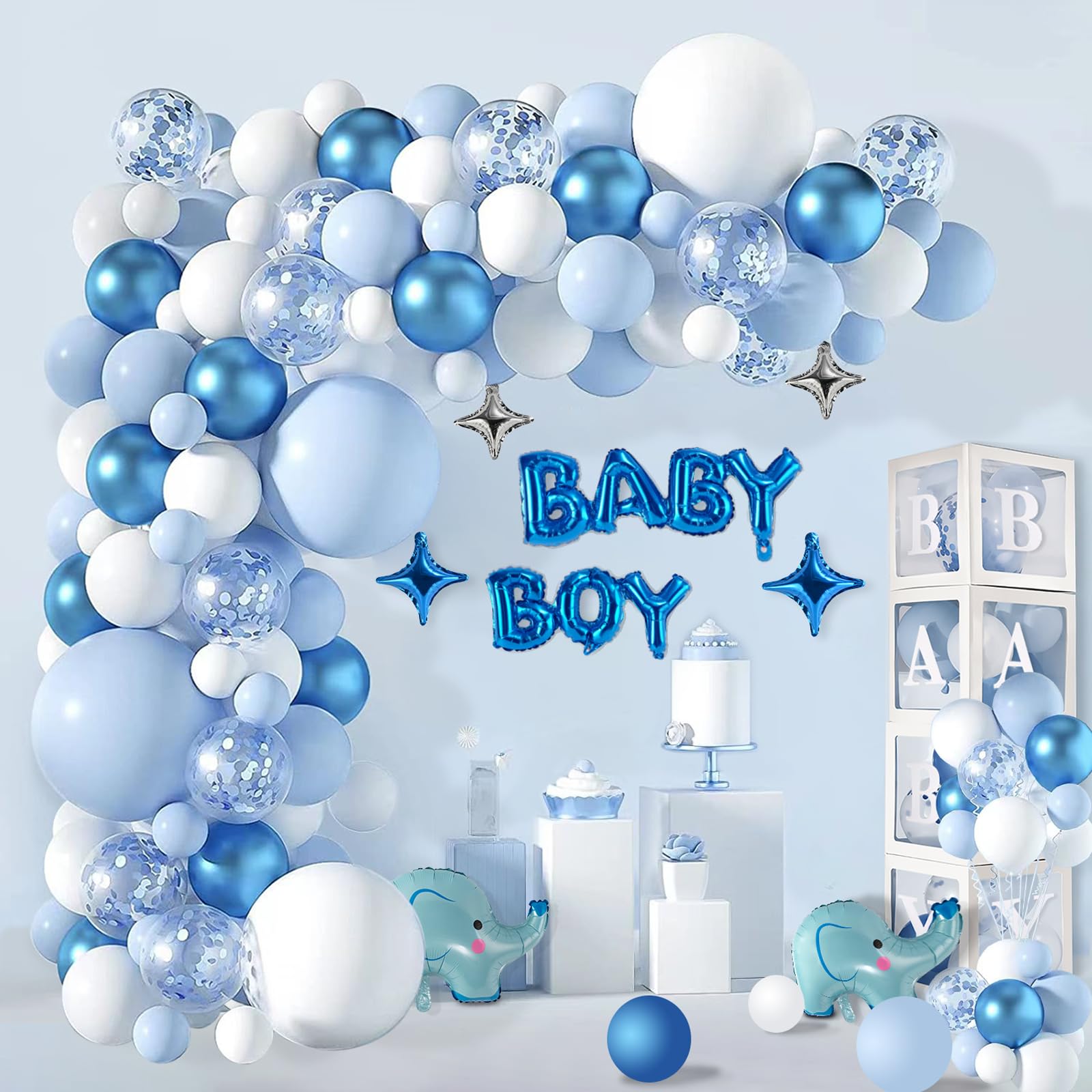 Elephant Baby Shower Decorations for Boy - Baby Boxes with Letters, 152pcs Blue and White Latex Balloon Garland Kit - Perfect for Baby Boy Gender Reveal, Birthday Party Supplies, and Baby Shower Decor