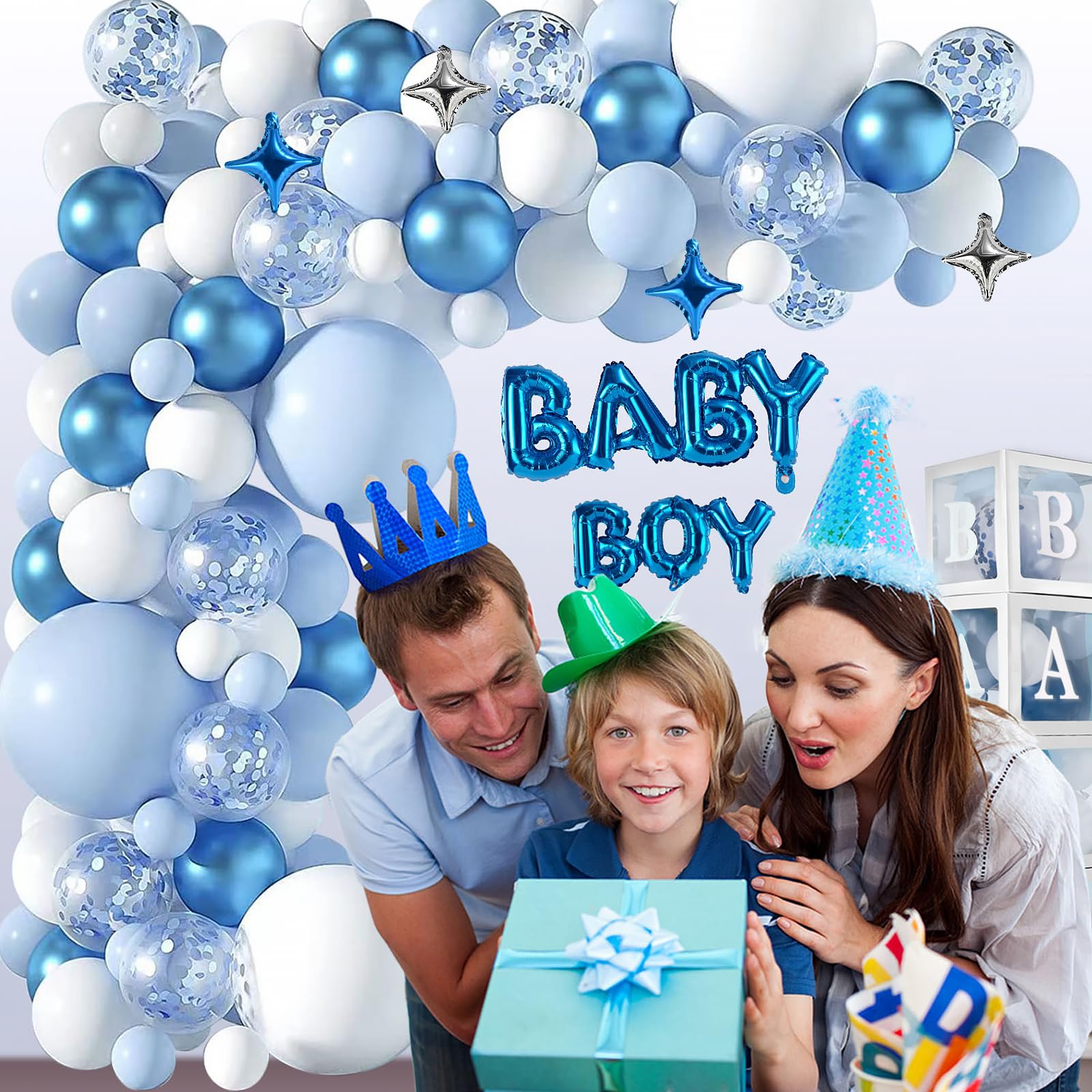 Elephant Baby Shower Decorations for Boy - Baby Boxes with Letters, 152pcs Blue and White Latex Balloon Garland Kit - Perfect for Baby Boy Gender Reveal, Birthday Party Supplies, and Baby Shower Decor