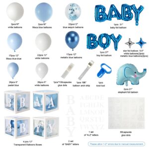 Elephant Baby Shower Decorations for Boy - Baby Boxes with Letters, 152pcs Blue and White Latex Balloon Garland Kit - Perfect for Baby Boy Gender Reveal, Birthday Party Supplies, and Baby Shower Decor