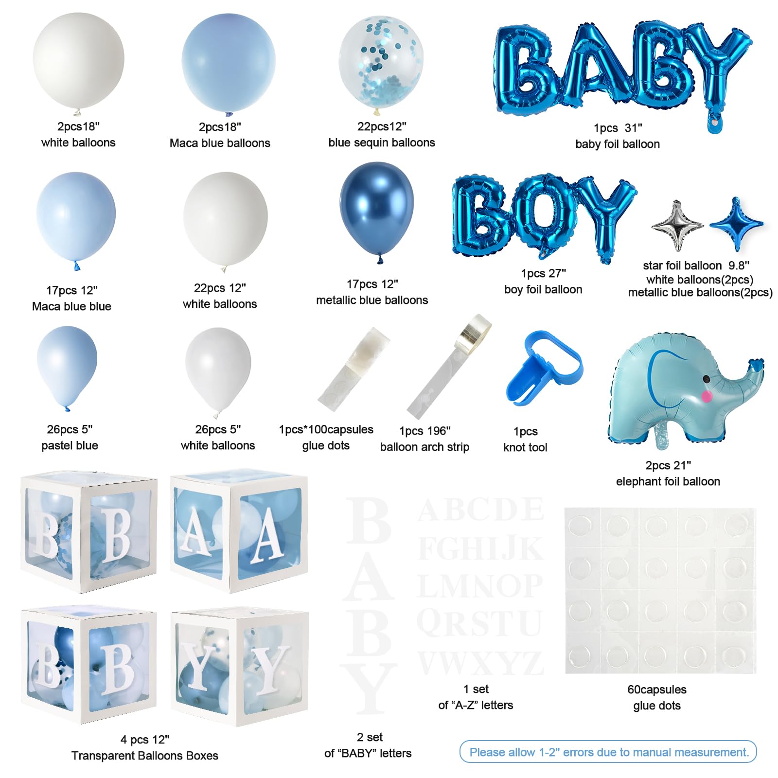 Elephant Baby Shower Decorations for Boy - Baby Boxes with Letters, 152pcs Blue and White Latex Balloon Garland Kit - Perfect for Baby Boy Gender Reveal, Birthday Party Supplies, and Baby Shower Decor