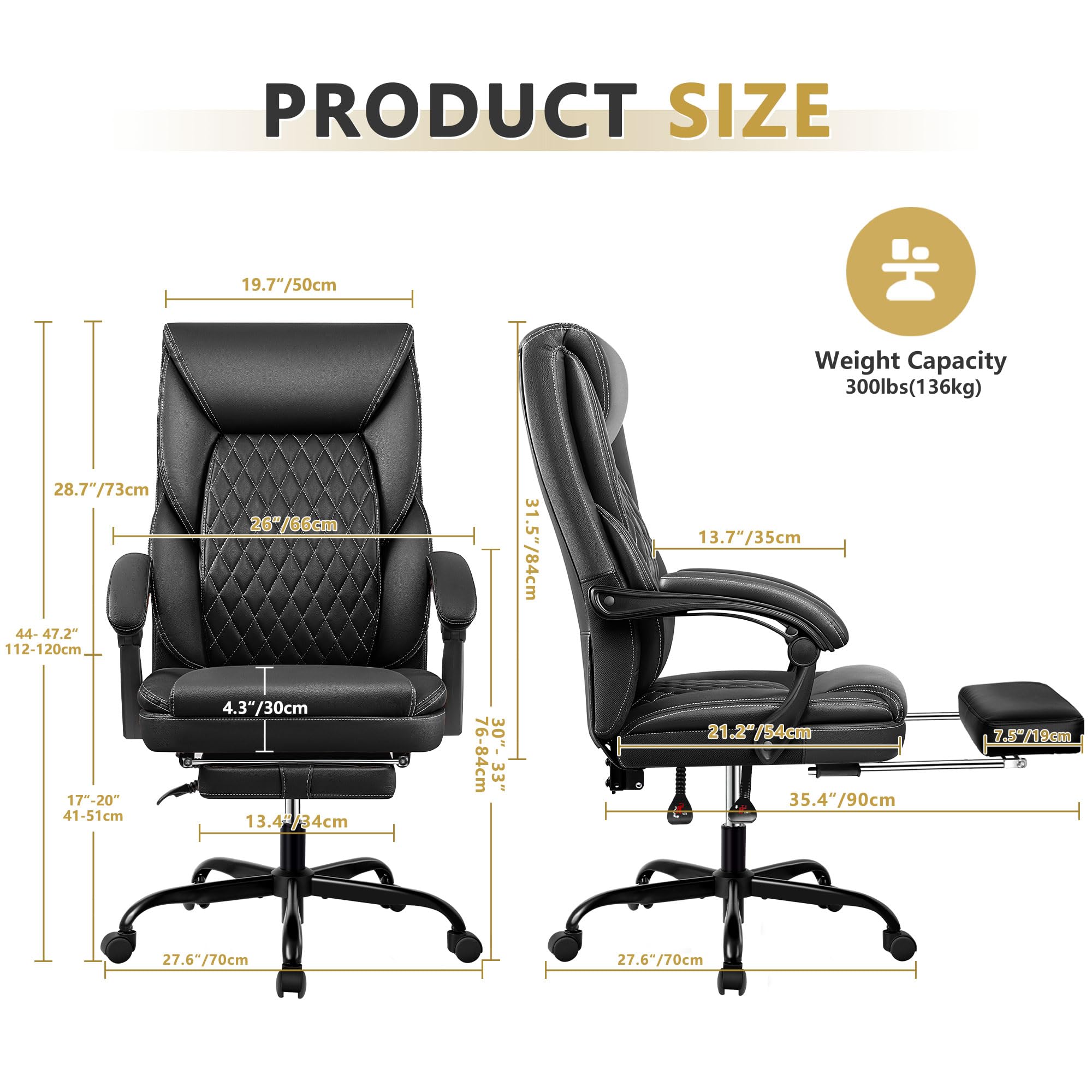 BestEra Office Chair, Big and Tall Office Chair Executive Office Chair with Foot Rest Ergonomic Office Chair Home Office Desk Chairs Reclining High Back Leather Chair with Lumbar Support (Black)