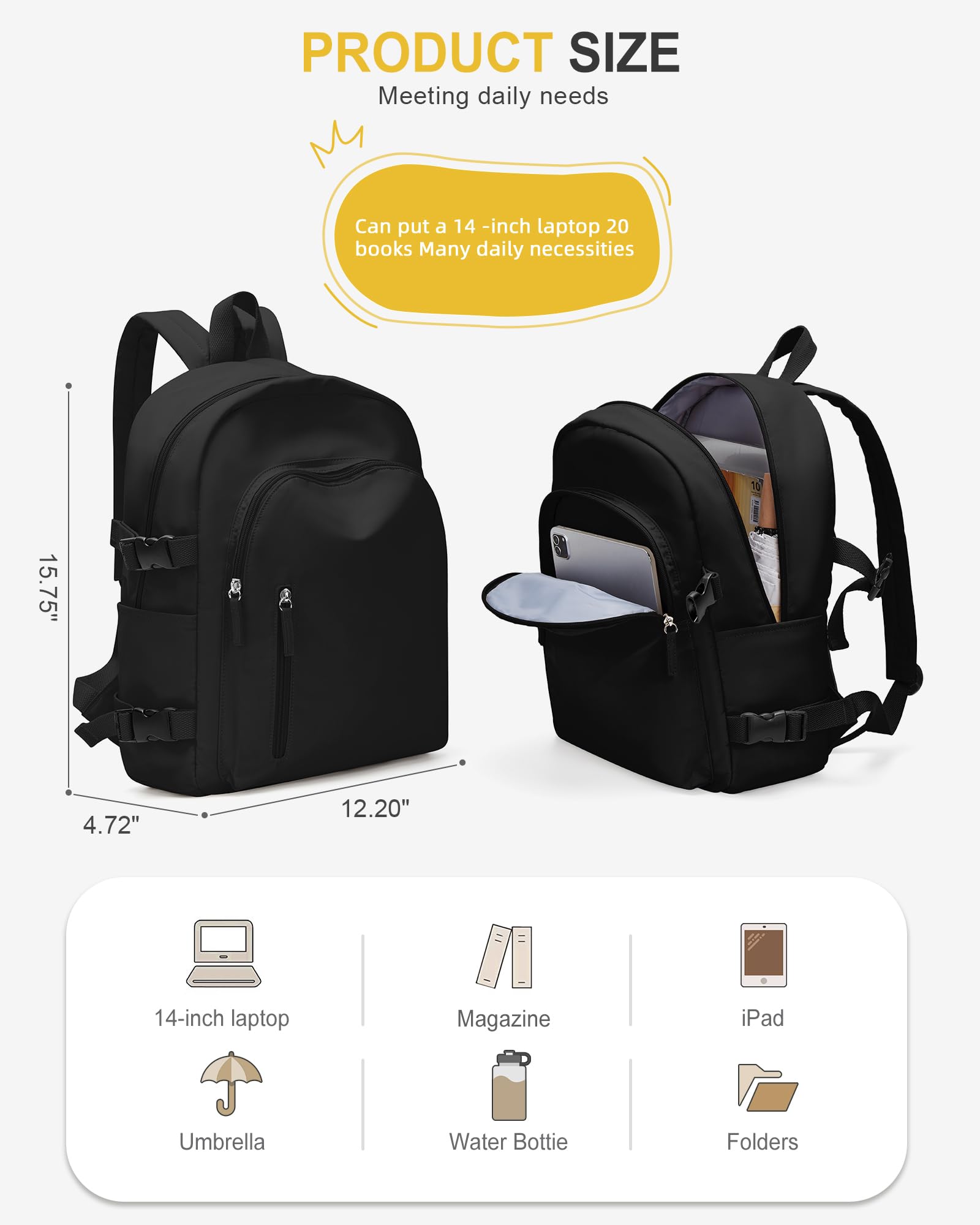 UPPACK College Backpack for Women Man Casual Daypack Backpacks Lightweight Travel Cute Preppy Backpack Aesthetic Simple Black Backpack Waterproof Carry On backpack for Airplanes College Essentials