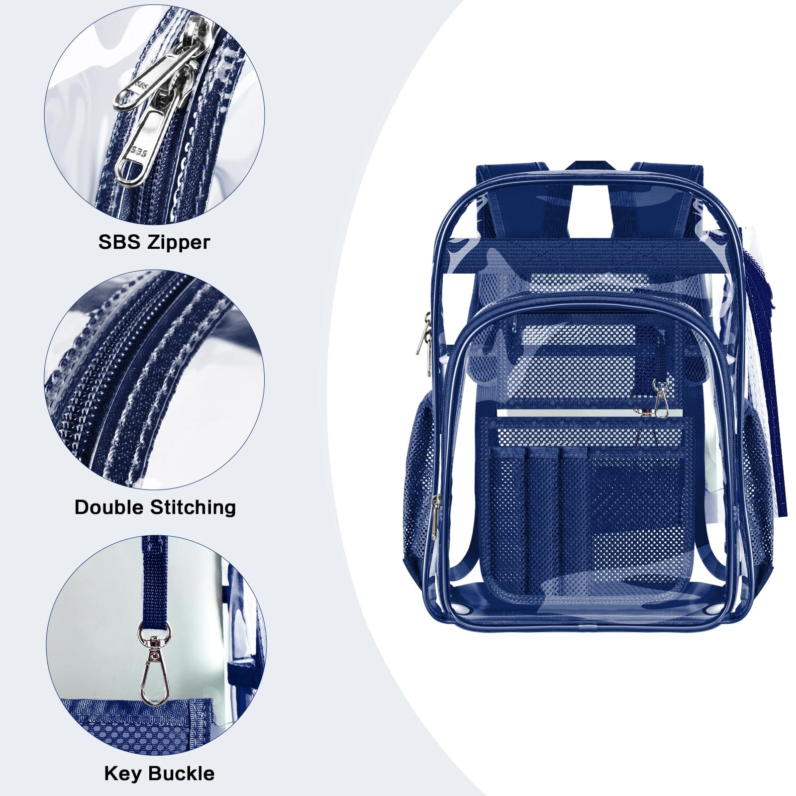 PAMANO Clear Backpack Transparent Heavy Duty See Through Bag for College Work Stadium Concert Travel Security, Navy